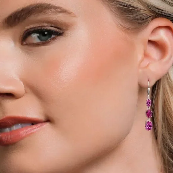 925 Sterling Silver with 6.00 Cttw 3 Stone Pink Sapphire and Ruby Drop Earrings